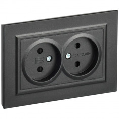 Розетка двойная без заземления с защитными шторками 10А в сборе IEK Brite РСш12-2-БрЧ черная &mdash; Multielectrika