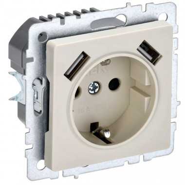 Розетка с заземлением с защитными шторками 16А с USB A+A 5В 2,1А IEK Brite РЮш10-1-БрКр бежевая — Multielectrika
