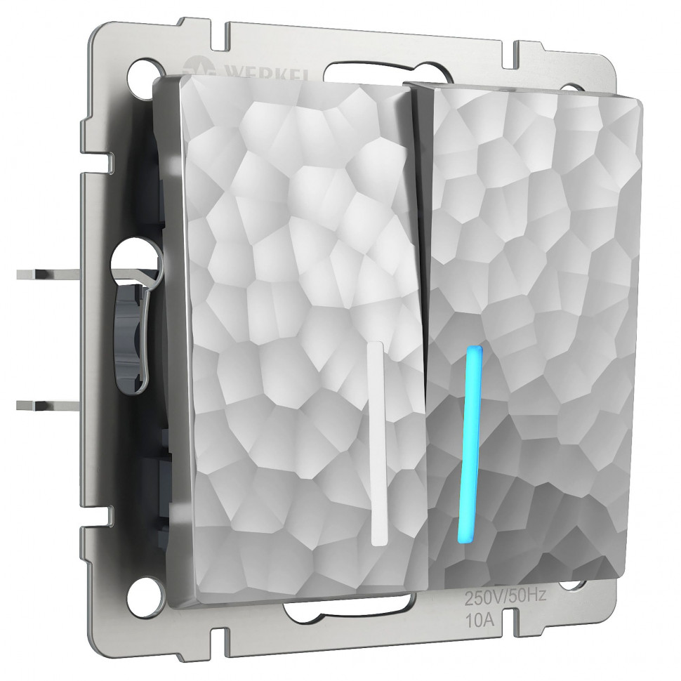 Выключатель двухклавишный проходной с подсветкой (Hammaer серебряный) W1222106 фото 1 — Multielectrika