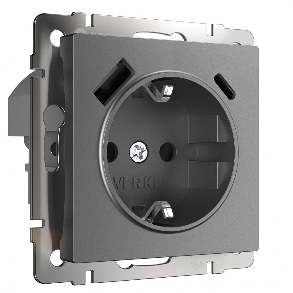 Розетка с заземлением, шторками и USB тип A+C (графит матовый) W1171764 фото 1 &mdash; Multielectrika