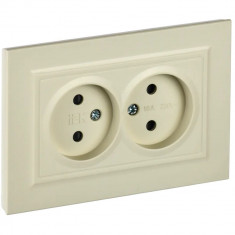 Розетка двойная без заземления с защитными шторками 10А в сборе IEK Brite РСш12-2-БрКр бежевая &mdash; Multielectrika