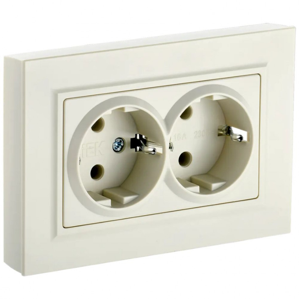 Розетка двойная с заземлением с защитными шторками 16А в сборе IEK Brite РСш12-3-БрКр бежевая фото 1 — Multielectrika