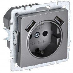 Розетка с заземлением с защитными шторками 16А с USB A+A 5В 3,1А IEK Brite РЮш10-2-БрС сталь &mdash; Multielectrika