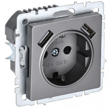 Розетка с заземлением с защитными шторками 16А с USB A+A 5В 3,1А IEK Brite РЮш10-2-БрС сталь — Multielectrika