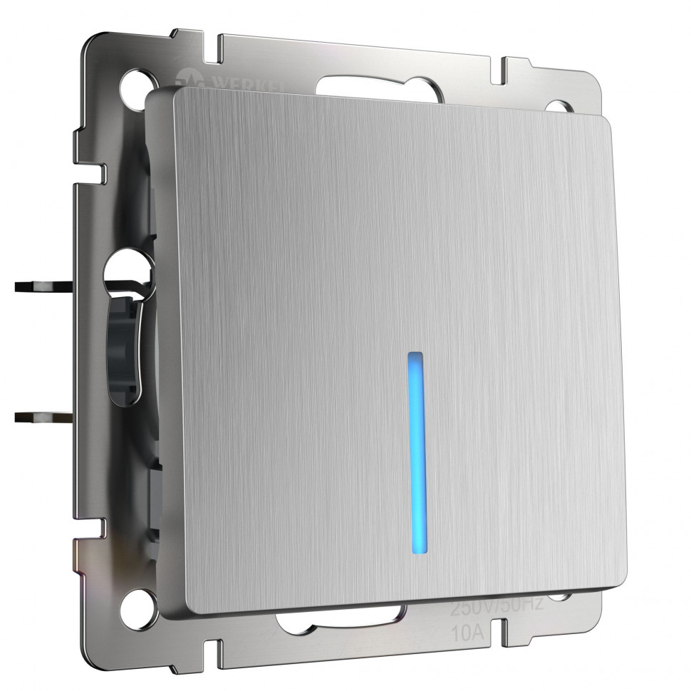 Выключатель одноклавишный проходной с подсветкой cеребряный рифленый W1112109 фото 1 — Multielectrika