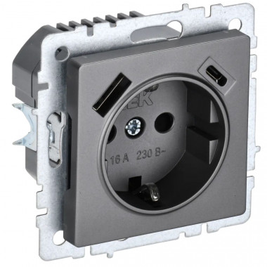 Розетка с заземлением с защитными шторками 16А с USB A+C 18Вт IEK Brite РЮш11-1-БрС сталь — Multielectrika