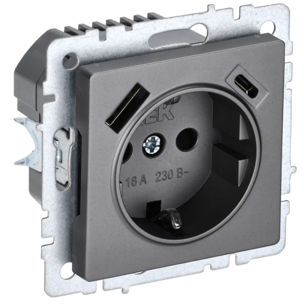 Розетка с заземлением с защитными шторками 16А с USB A+C 18Вт IEK Brite РЮш11-1-БрС сталь фото 1 — Multielectrika