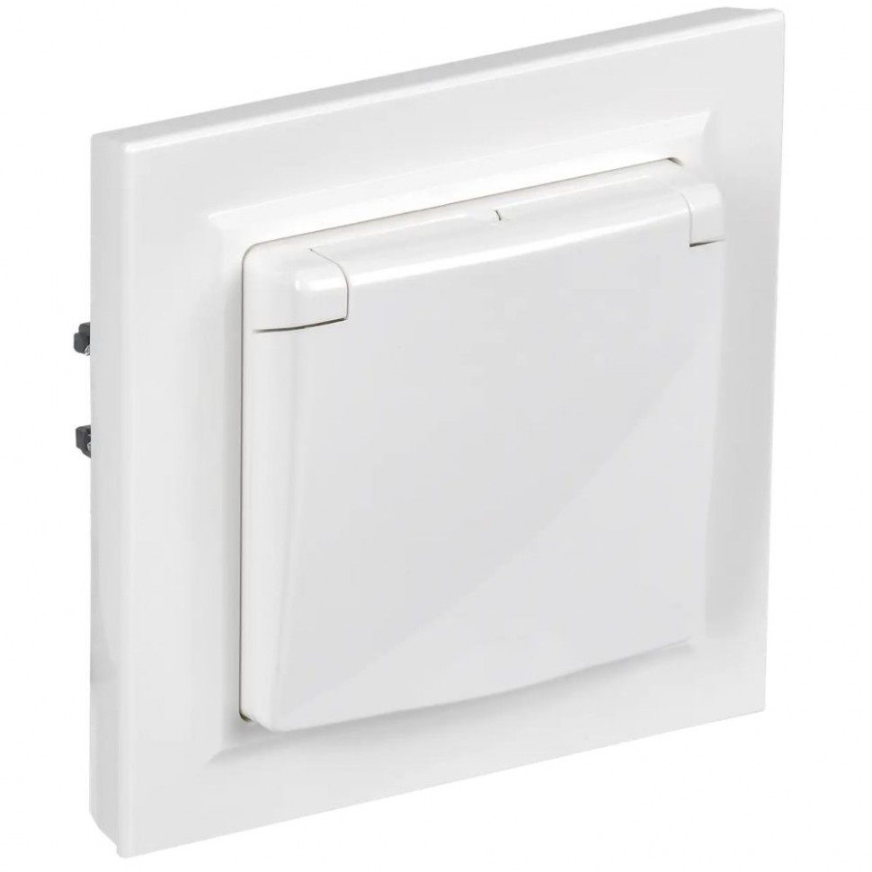 Розетка с заземлением с защитными шторками и крышкой 16А IP44 в сборе IEK Brite РСбш10-3-44-БрБ белый фото 1 — Multielectrika