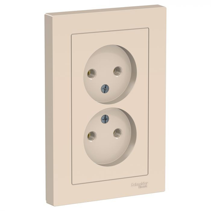 Розетка двойная Schneider Electric Atlas Design со шторками, без заземления, в сборе, бежевая фото 1 — Multielectrika
