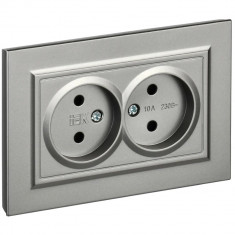 Розетка двойная без заземления без защитных шторок 10А в сборе IEK Brite РС12-2-БрС сталь &mdash; Multielectrika