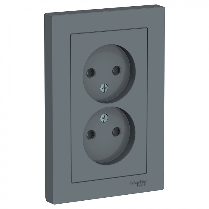 Розетка двойная Schneider Electric Atlas Design со шторками, без заземления, в сборе, грифель фото 1 — Multielectrika