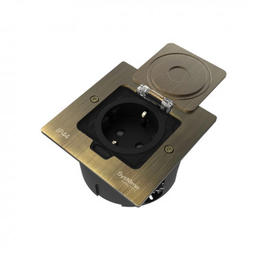 Лючок с розеткой Systeme Electric MultiDesk, цвет Античная латунь, 2К+З, 16А/250В, IP44 с монтажной коробкой для стены, фальшпола, стола, тип MDK21 &mdash; Multielectrika