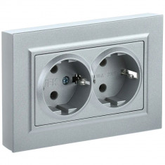 Розетка двойная с заземлением без защитных шторок 16А в сборе IEK Brite РС12-3-БрС сталь &mdash; Multielectrika