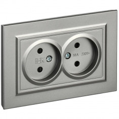 Розетка двойная без заземления с защитными шторками 10А в сборе IEK Brite РСш12-2-БрС сталь &mdash; Multielectrika