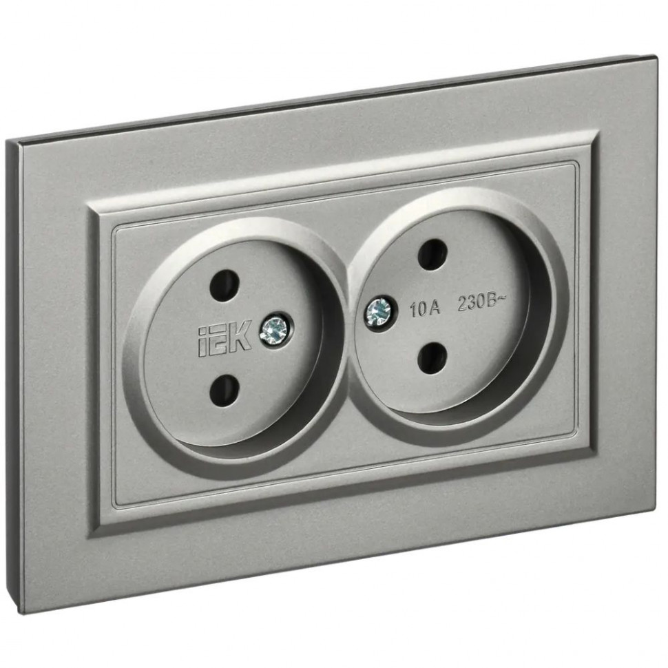 Розетка двойная без заземления с защитными шторками 10А в сборе IEK Brite РСш12-2-БрС сталь фото 1 — Multielectrika