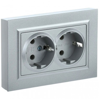 Розетка двойная с заземлением с защитными шторками 16А в сборе IEK Brite РСш12-3-БрС сталь — Multielectrika