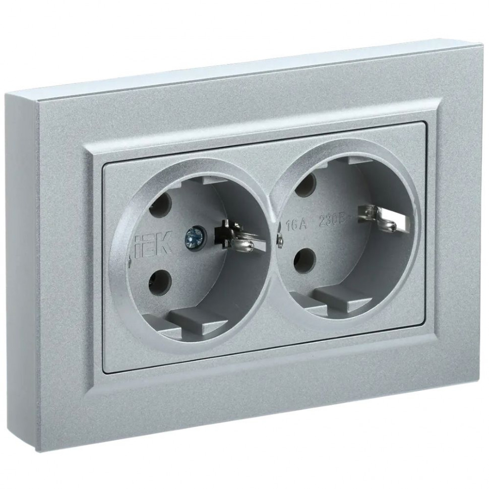 Розетка двойная с заземлением с защитными шторками 16А в сборе IEK Brite РСш12-3-БрС сталь фото 1 — Multielectrika