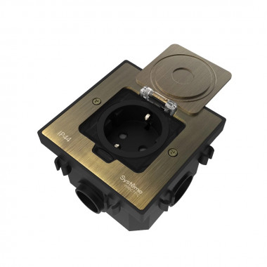 Лючок с розеткой Systeme Electric MultiDesk, цвет Античная латунь, 2К+З, 16А/250В, IP44 с монтажной коробкой для бетонных полов, тип MDK21 &mdash; Multielectrika