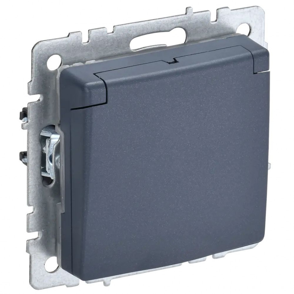 Розетка с заземлением с защитными шторками и крышкой 16А IP44 IEK Brite РСбш10-3-44-БрМ маренго фото 1 — Multielectrika