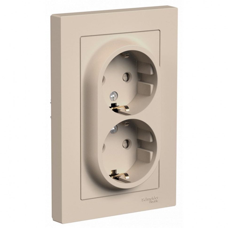 Розетка двойная Systeme Electric AtlasDesign со шторками, в сборе, 16А, песочный фото 1 — Multielectrika