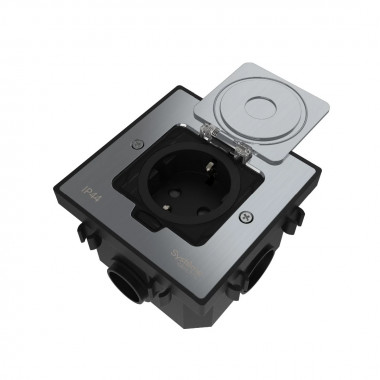 Лючок с розеткой Systeme Electric MultiDesk, цвет Серебро, 2К+З, 16А/250В, IP44 с монтажной коробкой для бетонных полов, тип MDK21 &mdash; Multielectrika