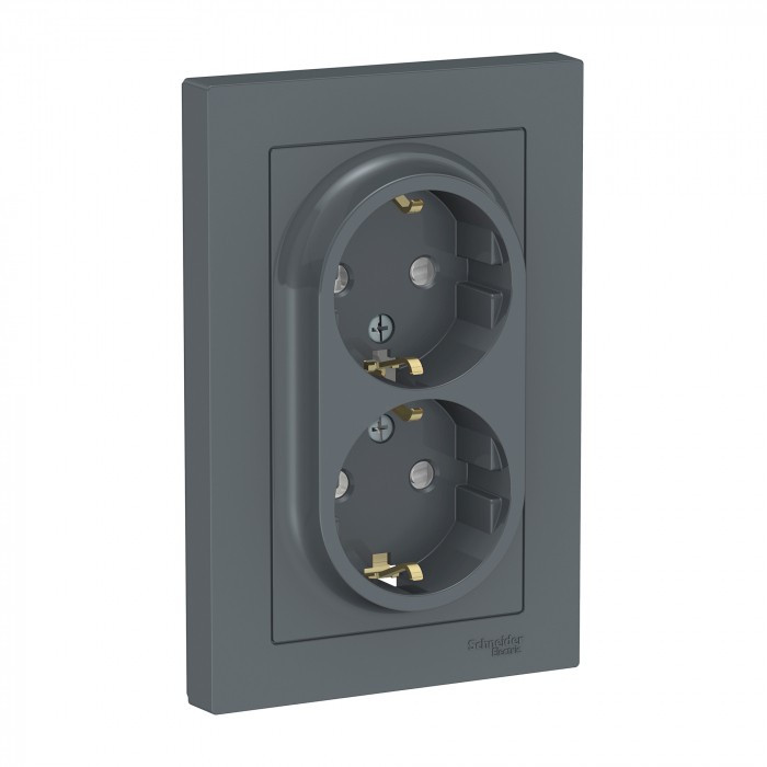 Розетка двойная Schneider Electric Atlas Design со шторками, в сборе, грифель фото 1 — Multielectrika