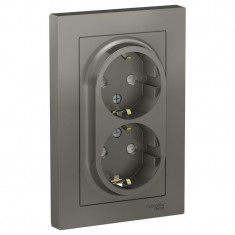 Розетка двойная Schneider Electric Atlas Design со шторками, в сборе, сталь &mdash; Multielectrika