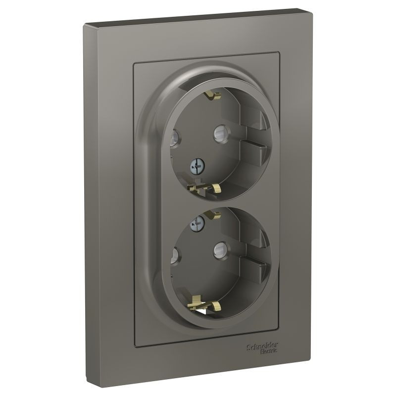 Розетка двойная Schneider Electric Atlas Design со шторками, в сборе, сталь фото 1 — Multielectrika