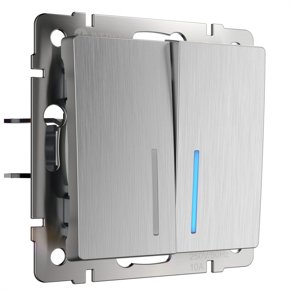 Выключатель двухклавишный проходной с подсветкой (cеребряный рифленый) W1122109 фото 1 — Multielectrika