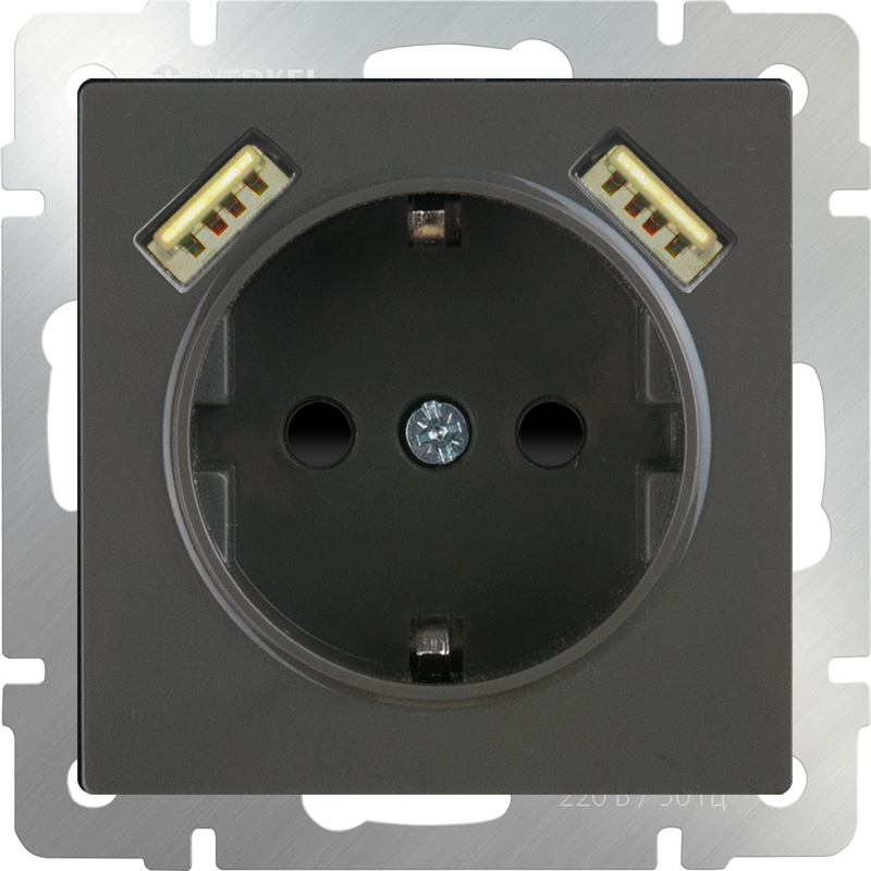 Розетка с заземлением, шторками и USBх2 (серо-коричневый WL07-SKGS-USBx2-IP20 фото 1 — Multielectrika