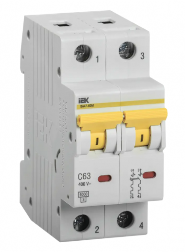 Автоматический выключатель ВА 47-60M 2Р 63А 6 кА характеристика С IEK MVA31-2-063-C — Multielectrika