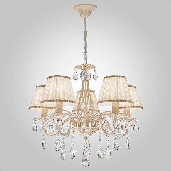 Люстра с тканевыми абажурами и хрустальными подвесками 10054/5 белый с золотом фото 1 — Multielectrika