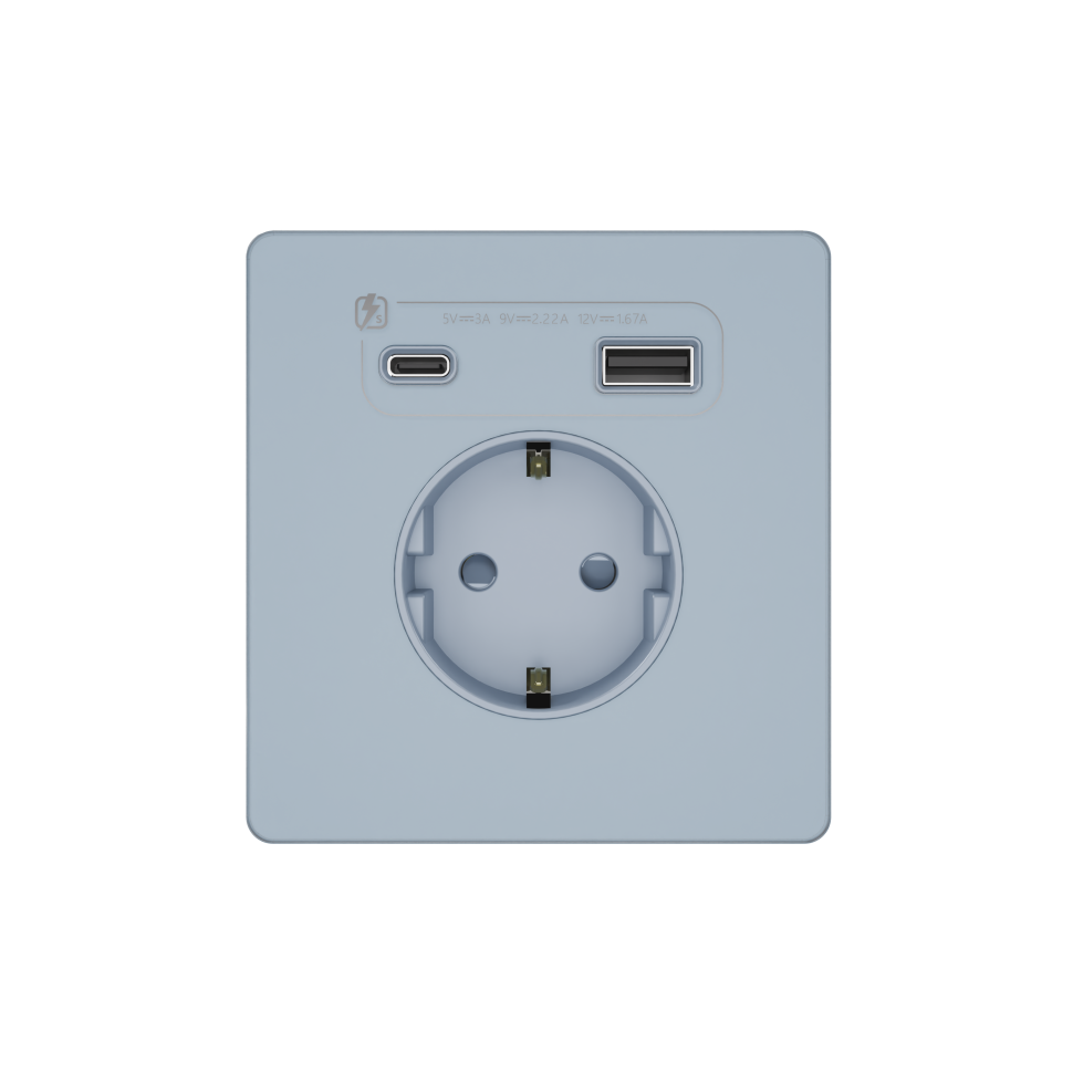 Systeme Infinity, Розетка 2К+З и зарядным устройствомUSB А+С 20Вт (250В, 16А, защитные шторки), FSE001132, Стальное небо фото 1 &mdash; Multielectrika